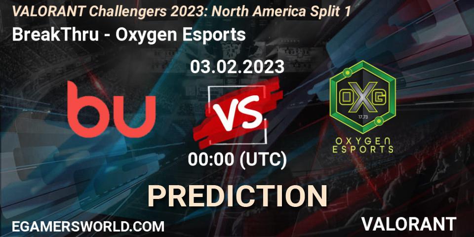 BreakThru contre Oxygen Esports : prédiction de match. 03.02.23. VALORANT, VALORANT Challengers 2023: North America Split 1