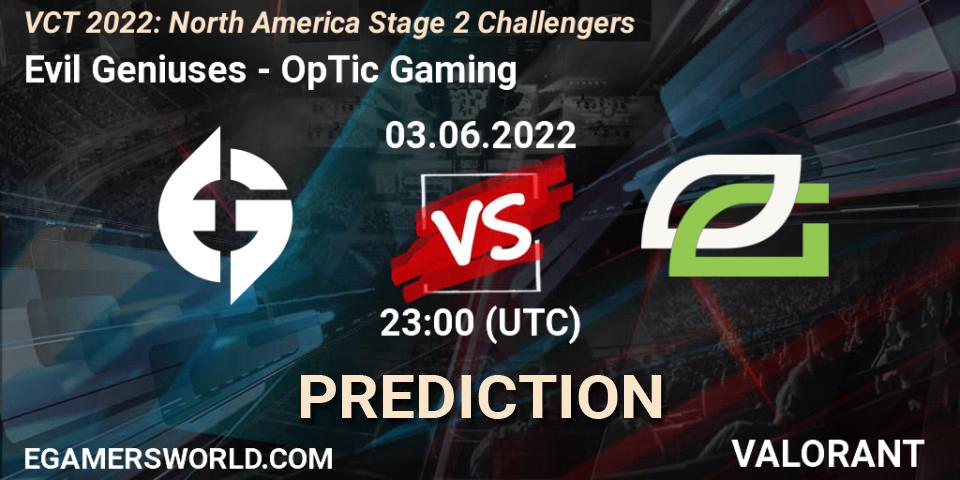 Evil Geniuses contre OpTic Gaming : prédiction de match. 04.06.2022 at 00:00. VALORANT, VCT 2022: North America Stage 2 Challengers