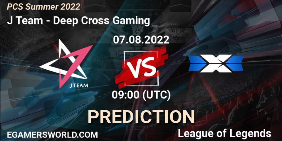 J Team contre Deep Cross Gaming : prédiction de match. 07.08.2022 at 10:00. LoL, PCS Summer 2022