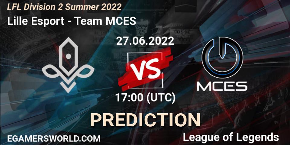 Lille Esport contre Team MCES : prédiction de match. 27.06.2022 at 17:00. LoL, LFL Division 2 Summer 2022