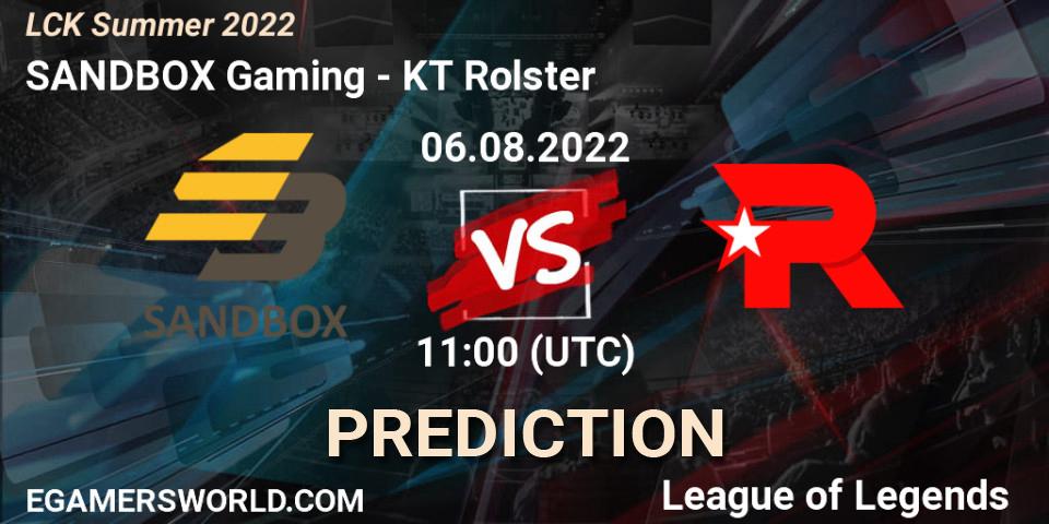 SANDBOX Gaming contre KT Rolster : prédiction de match. 06.08.2022 at 11:25. LoL, LCK Summer 2022