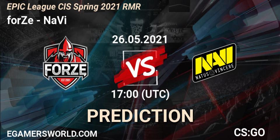 forZe contre NaVi : prédiction de match. 26.05.2021 at 17:20. Counter-Strike (CS2), EPIC League CIS Spring 2021 RMR