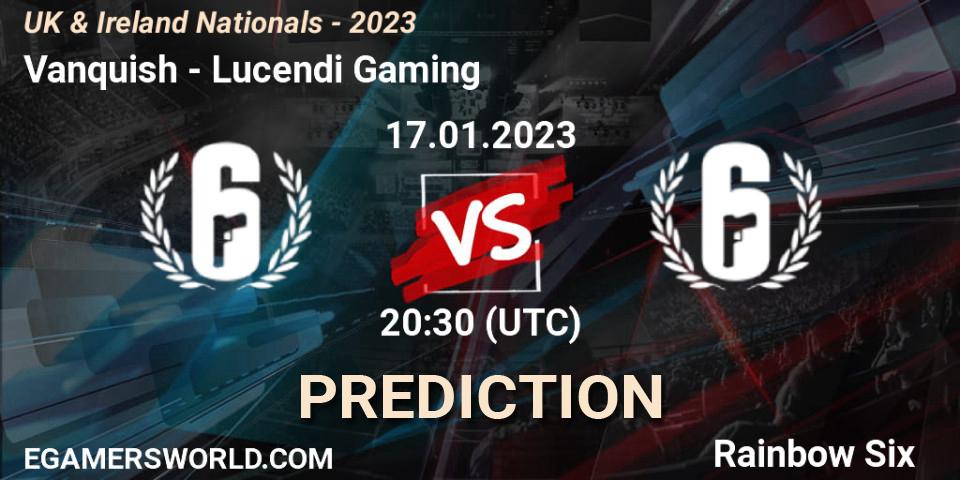 Vanquish contre Lucendi Gaming : prédiction de match. 17.01.2023 at 20:30. Rainbow Six, UK & Ireland Nationals - 2023