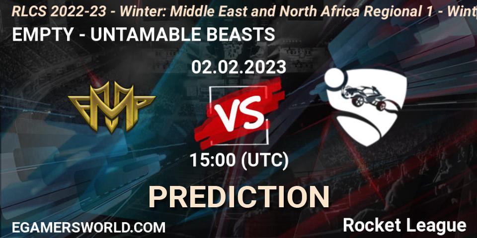 EMPTY contre UNTAMABLE BEASTS : prédiction de match. 02.02.2023 at 15:00. Rocket League, RLCS 2022-23 - Winter: Middle East and North Africa Regional 1 - Winter Open