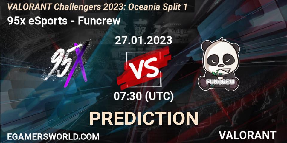 95x eSports contre Funcrew : prédiction de match. 27.01.2023 at 07:30. VALORANT, VALORANT Challengers 2023: Oceania Split 1