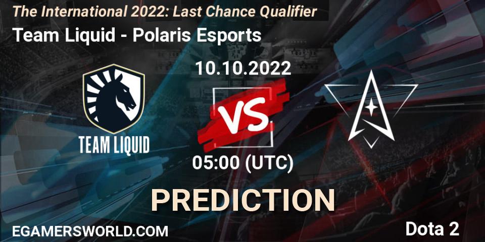 Team Liquid contre Polaris Esports : prédiction de match. 10.10.2022 at 05:37. Dota 2, The International 2022: Last Chance Qualifier