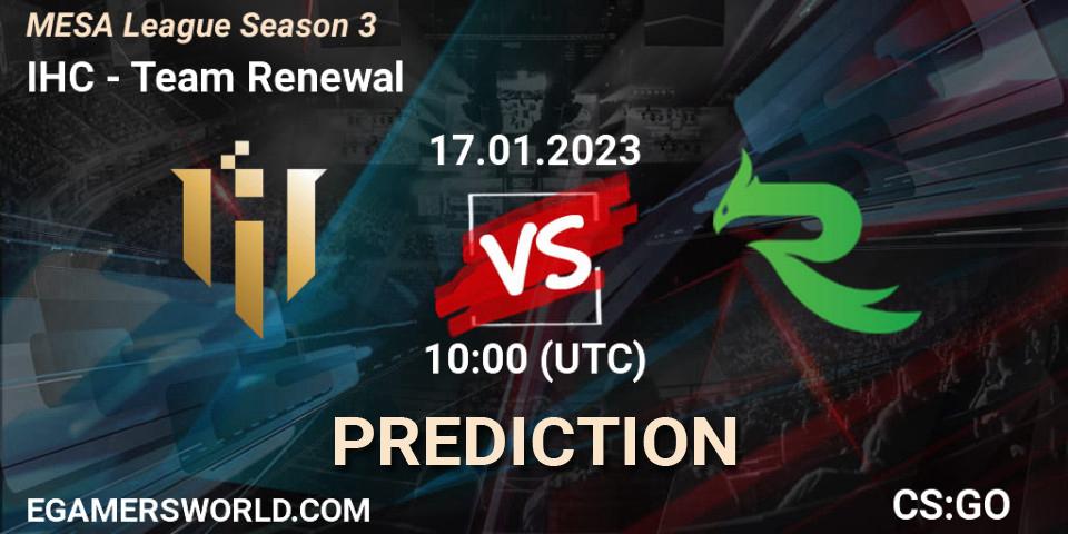 IHC contre Team Renewal : prédiction de match. 21.01.2023 at 03:00. Counter-Strike (CS2), MESA League Season 3