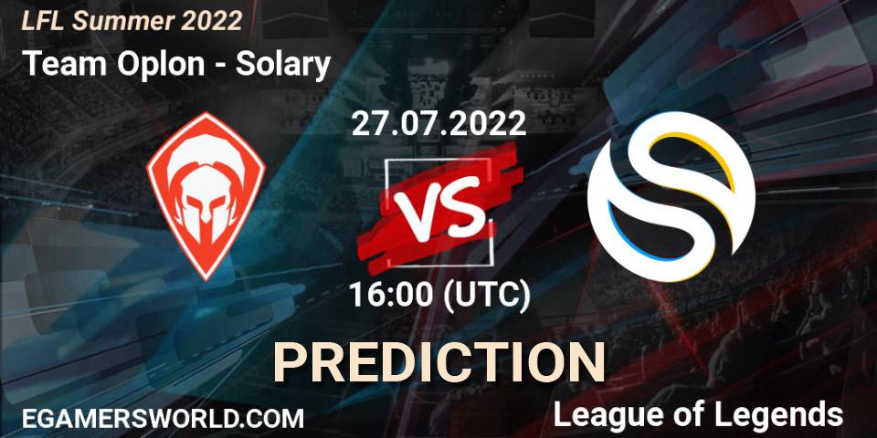 Team Oplon contre Solary : prédiction de match. 27.07.2022 at 16:00. LoL, LFL Summer 2022