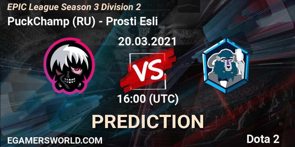 PuckChamp (RU) contre Prosti Esli : prédiction de match. 20.03.2021 at 15:59. Dota 2, EPIC League Season 3 Division 2