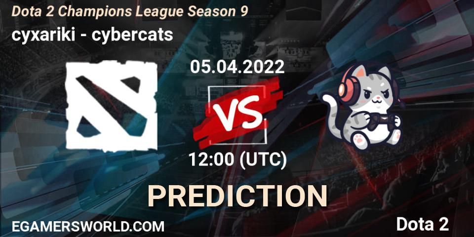 cyxariki contre cybercats : prédiction de match. 05.04.2022 at 12:02. Dota 2, Dota 2 Champions League Season 9