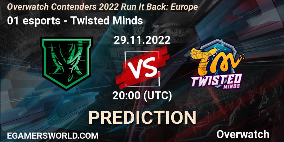 01 esports contre Twisted Minds : prédiction de match. 29.11.2022 at 20:00. Overwatch, Overwatch Contenders 2022 Run It Back: Europe