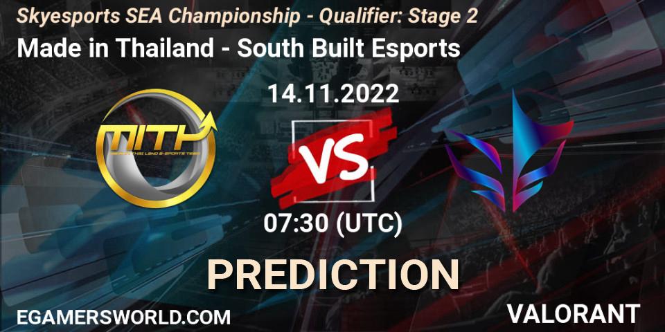 Made in Thailand contre South Built Esports : prédiction de match. 14.11.2022 at 10:30. VALORANT, Skyesports SEA Championship - Qualifier: Stage 2