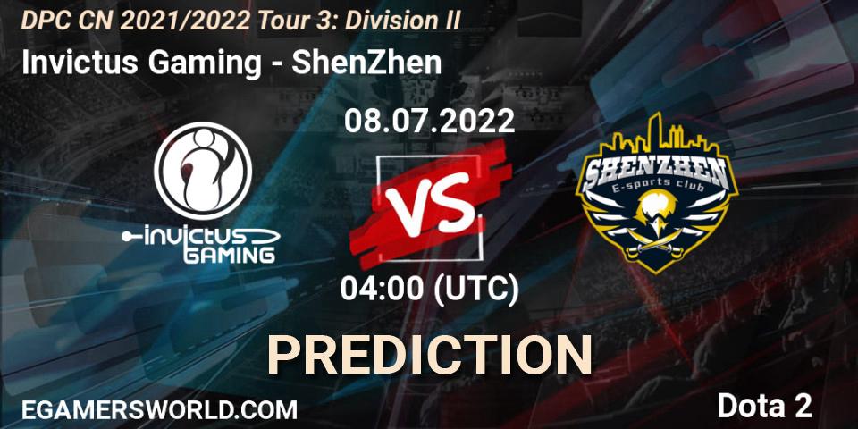 Invictus Gaming contre ShenZhen : prédiction de match. 08.07.2022 at 04:02. Dota 2, DPC CN 2021/2022 Tour 3: Division II