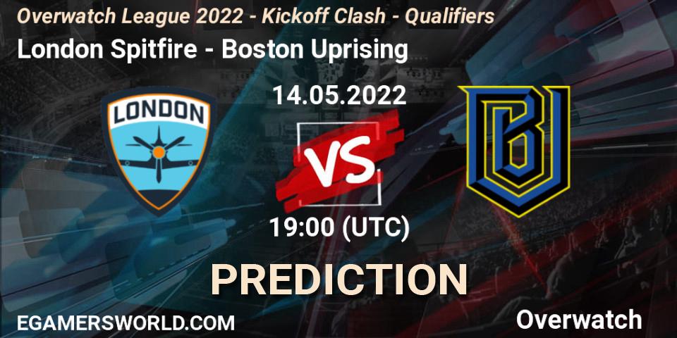 London Spitfire contre Boston Uprising : prédiction de match. 14.05.2022 at 19:00. Overwatch, Overwatch League 2022 - Kickoff Clash - Qualifiers