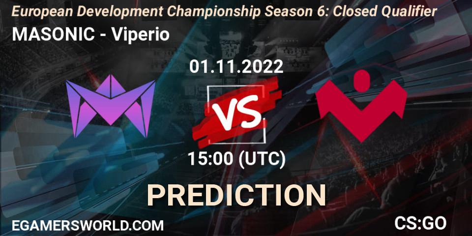 MASONIC contre Viperio : prédiction de match. 01.11.2022 at 15:00. Counter-Strike (CS2), European Development Championship Season 6: Closed Qualifier
