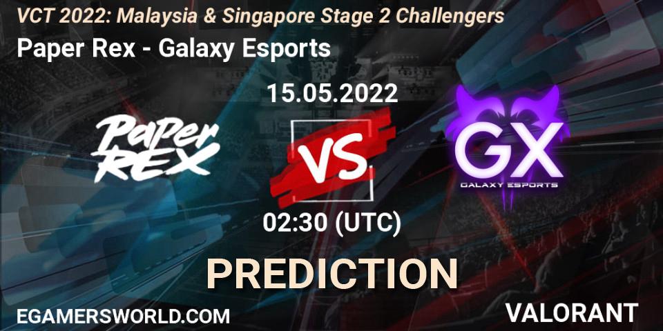 Paper Rex contre Galaxy Esports : prédiction de match. 15.05.2022 at 02:30. VALORANT, VCT 2022: Malaysia & Singapore Stage 2 Challengers
