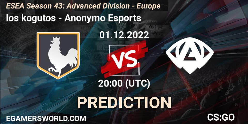 los kogutos contre Anonymo Esports : prédiction de match. 01.12.2022 at 20:00. Counter-Strike (CS2), ESEA Season 43: Advanced Division - Europe