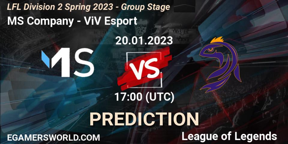 MS Company contre ViV Esport : prédiction de match. 20.01.2023 at 17:00. LoL, LFL Division 2 Spring 2023 - Group Stage