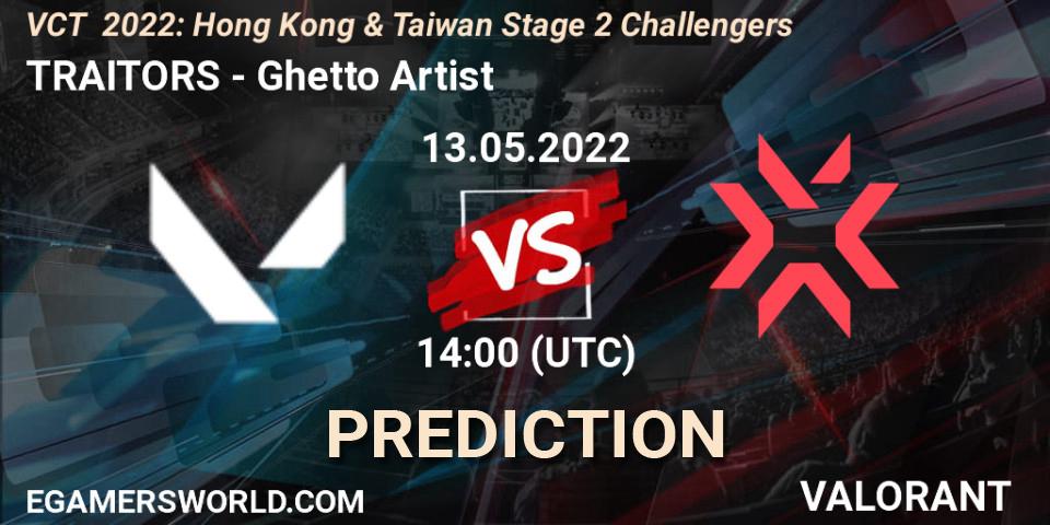 TRAITORS contre Ghetto Artist : prédiction de match. 13.05.2022 at 14:40. VALORANT, VCT 2022: Hong Kong & Taiwan Stage 2 Challengers
