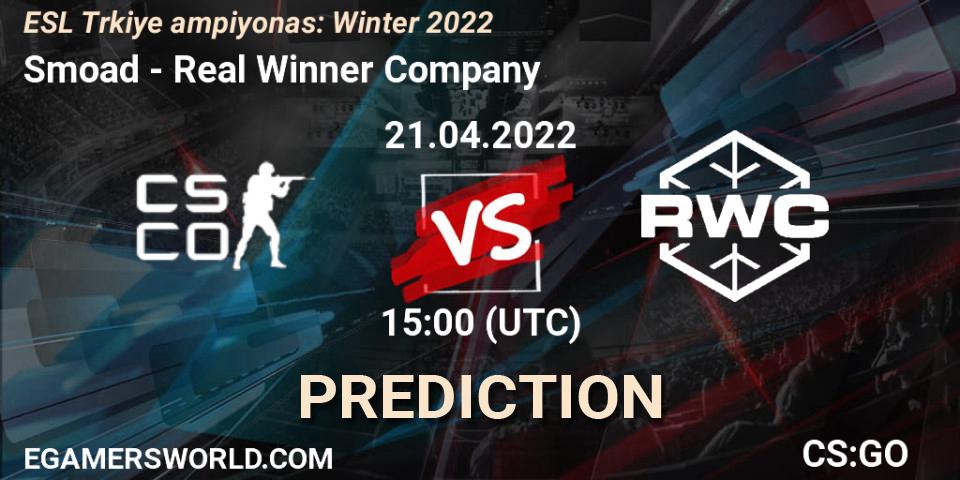 Smoad contre Real Winner Company : prédiction de match. 21.04.2022 at 15:00. Counter-Strike (CS2), ESL Türkiye Şampiyonası: Winter 2022