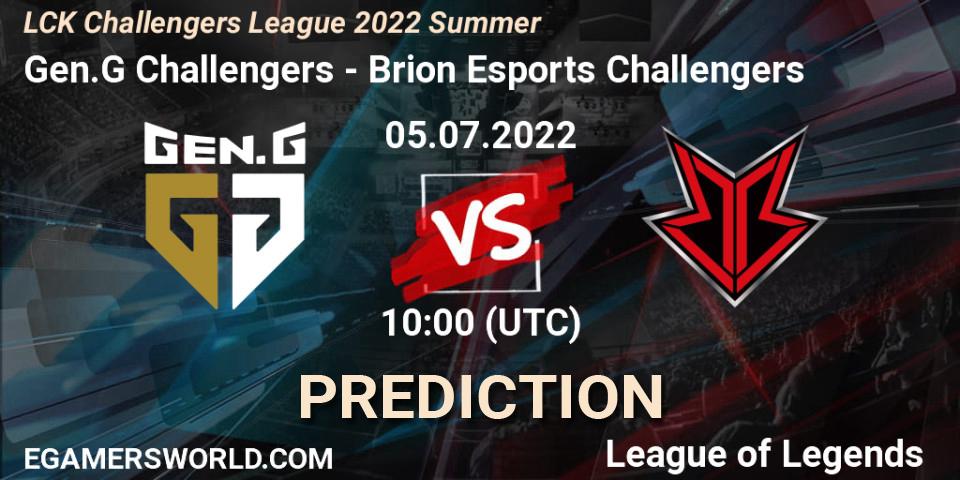 Gen.G Challengers contre Brion Esports Challengers : prédiction de match. 05.07.2022 at 10:00. LoL, LCK Challengers League 2022 Summer