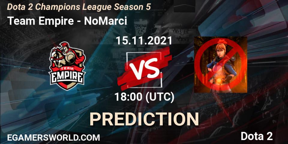 Team Empire contre NoMarci : prédiction de match. 15.11.2021 at 18:01. Dota 2, Dota 2 Champions League 2021 Season 5