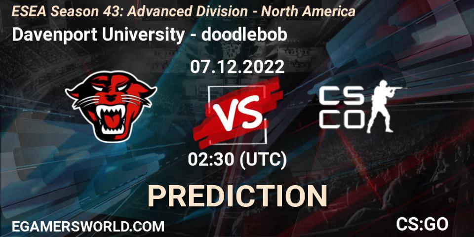 Davenport University contre doodlebob : prédiction de match. 07.12.2022 at 01:00. Counter-Strike (CS2), ESEA Season 43: Advanced Division - North America