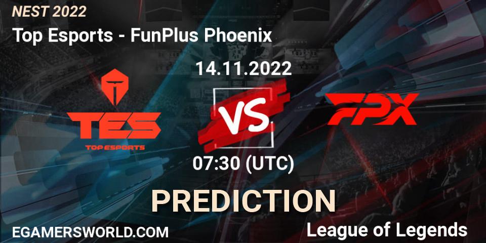 Top Esports contre FunPlus Phoenix : prédiction de match. 14.11.2022 at 08:00. LoL, NEST 2022