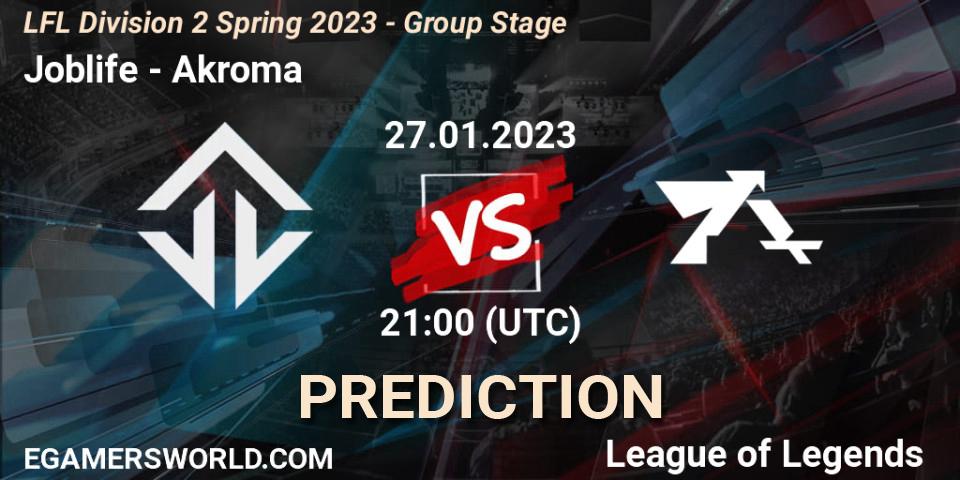 Joblife contre Akroma : prédiction de match. 27.01.2023 at 21:00. LoL, LFL Division 2 Spring 2023 - Group Stage