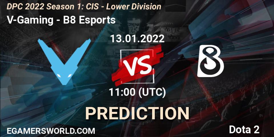 V-Gaming contre B8 Esports : prédiction de match. 13.01.2022 at 11:00. Dota 2, DPC 2022 Season 1: CIS - Lower Division