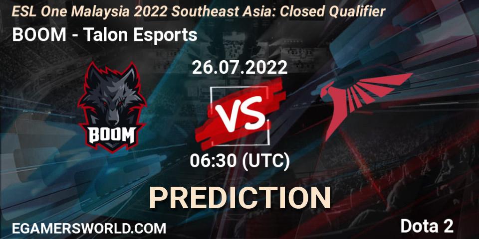 BOOM contre Talon Esports : prédiction de match. 26.07.2022 at 07:05. Dota 2, ESL One Malaysia 2022 Southeast Asia: Closed Qualifier