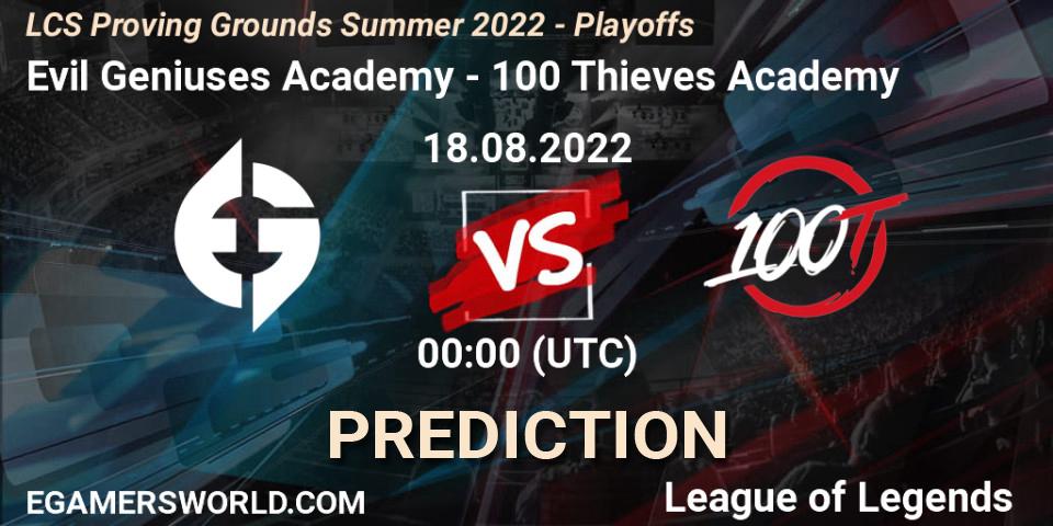 Evil Geniuses Academy contre 100 Thieves Academy : prédiction de match. 18.08.2022 at 00:00. LoL, LCS Proving Grounds Summer 2022 - Playoffs