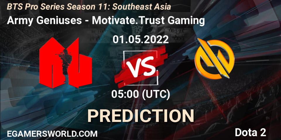 Army Geniuses contre Motivate.Trust Gaming : prédiction de match. 01.05.2022 at 05:01. Dota 2, BTS Pro Series Season 11: Southeast Asia