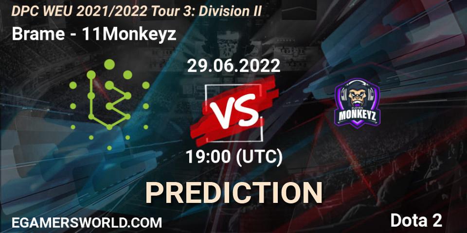 Brame contre 11Monkeyz : prédiction de match. 29.06.2022 at 18:55. Dota 2, DPC WEU 2021/2022 Tour 3: Division II