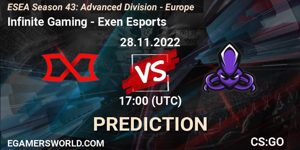 Infinite Gaming contre Exen Esports : prédiction de match. 28.11.22. CS2 (CS:GO), ESEA Season 43: Advanced Division - Europe