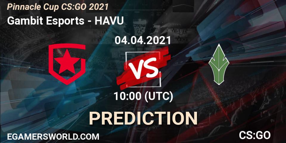 Gambit Esports contre HAVU : prédiction de match. 04.04.2021 at 10:00. Counter-Strike (CS2), Pinnacle Cup #1