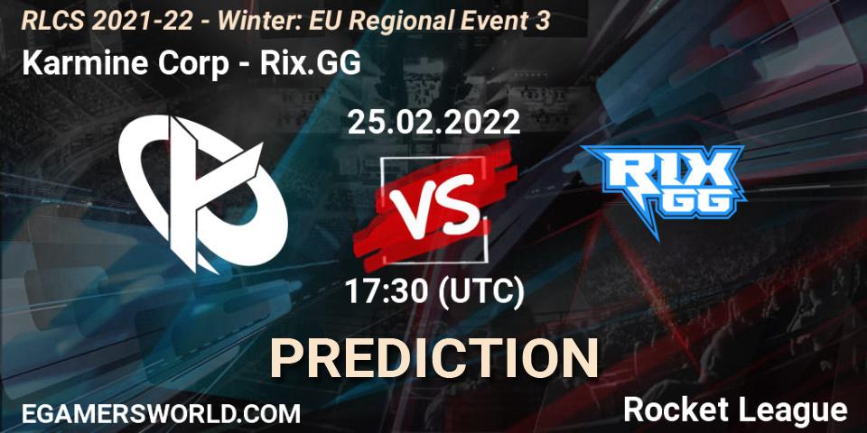 Karmine Corp contre Rix.GG : prédiction de match. 25.02.2022 at 17:30. Rocket League, RLCS 2021-22 - Winter: EU Regional Event 3