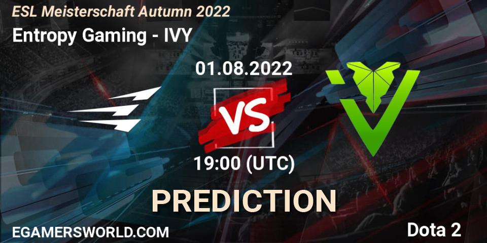 Entropy Gaming contre IVY : prédiction de match. 01.08.2022 at 19:27. Dota 2, ESL Meisterschaft Autumn 2022