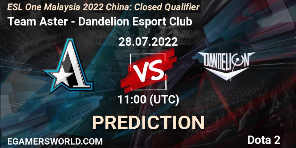 Team Aster contre Dandelion Esport Club : prédiction de match. 28.07.2022 at 11:00. Dota 2, ESL One Malaysia 2022 China: Closed Qualifier