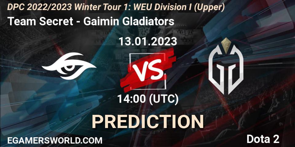 Team Secret contre Gaimin Gladiators : prédiction de match. 13.01.2023 at 13:55. Dota 2, DPC 2022/2023 Winter Tour 1: WEU Division I (Upper)