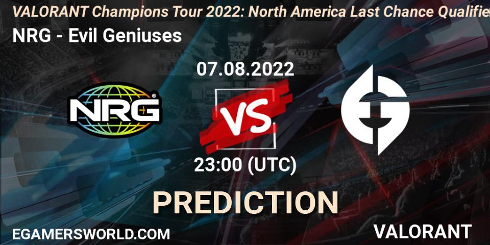 NRG contre Evil Geniuses : prédiction de match. 07.08.22. VALORANT, VCT 2022: North America Last Chance Qualifier