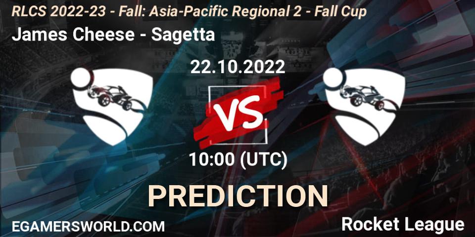 James Cheese contre Sagetta : prédiction de match. 22.10.2022 at 10:00. Rocket League, RLCS 2022-23 - Fall: Asia-Pacific Regional 2 - Fall Cup