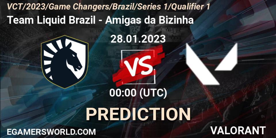 Team Liquid Brazil contre Amigas da Bizinha : prédiction de match. 27.01.2023 at 21:00. VALORANT, VCT 2023: Game Changers Brazil Series 1 - Qualifier 1