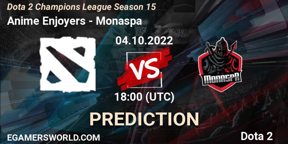 Anime Enjoyers contre Monaspa : prédiction de match. 04.10.2022 at 18:01. Dota 2, Dota 2 Champions League Season 15