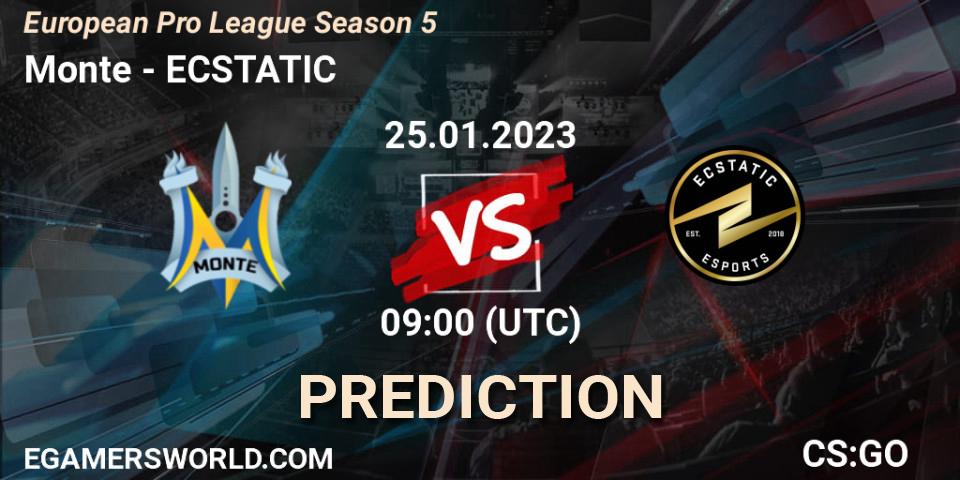 Monte contre ECSTATIC : prédiction de match. 25.01.2023 at 09:00. Counter-Strike (CS2), European Pro League Season 5