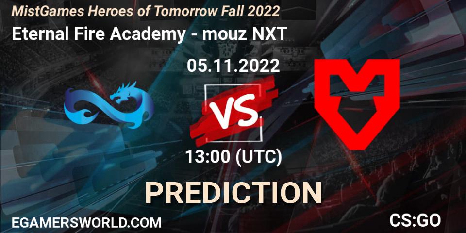 Eternal Fire Academy contre mouz NXT : prédiction de match. 05.11.2022 at 13:00. Counter-Strike (CS2), MistGames Heroes of Tomorrow Fall 2022