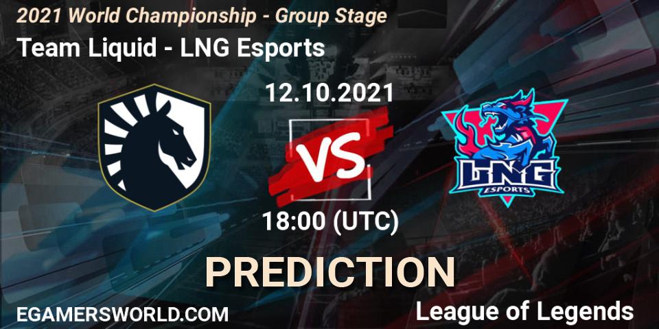Team Liquid contre LNG Esports : prédiction de match. 12.10.2021 at 18:00. LoL, 2021 World Championship - Group Stage