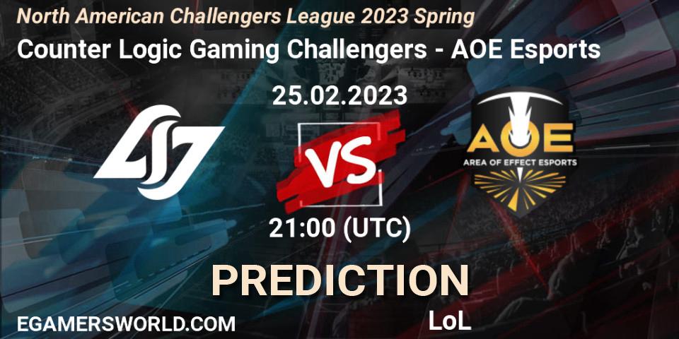 Counter Logic Gaming Challengers contre AOE Esports : prédiction de match. 25.02.23. LoL, NACL 2023 Spring - Group Stage