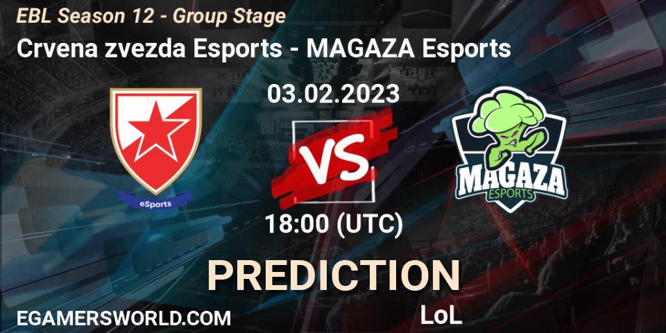 Crvena zvezda Esports contre MAGAZA Esports : prédiction de match. 03.02.2023 at 18:00. LoL, EBL Season 12 - Group Stage