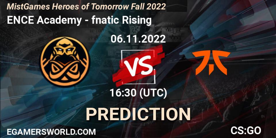 ENCE Academy contre fnatic Rising : prédiction de match. 06.11.2022 at 16:30. Counter-Strike (CS2), MistGames Heroes of Tomorrow Fall 2022